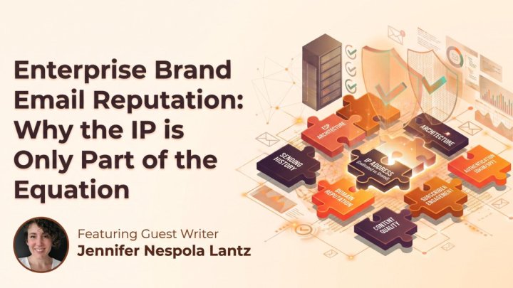 Puzzle pieces labeled IP address, domain reputation, authentication, sending history and subscriber engagement fitting together under shield icons