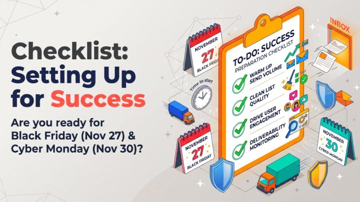 Checklist graphic: Are you ready for Black Friday (Nov 27) and Cyber Monday (Nov 30)? A clipboard to-do list with calendars, shields, and delivery trucks
